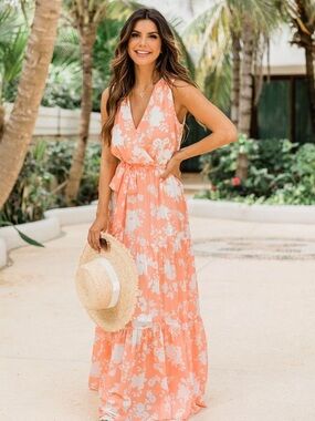 Pink Lily Coral and White Floral Maxi Dress